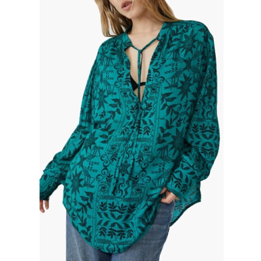 Free People 'Mia' Long-Sleeve Printed Tunic Top, Poison Ivy (Teal/Black)